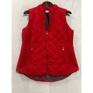 Crown & Ivy Quilted Vest Medium  Red w/ Navy Print Lining Full Zip Holiday Gold